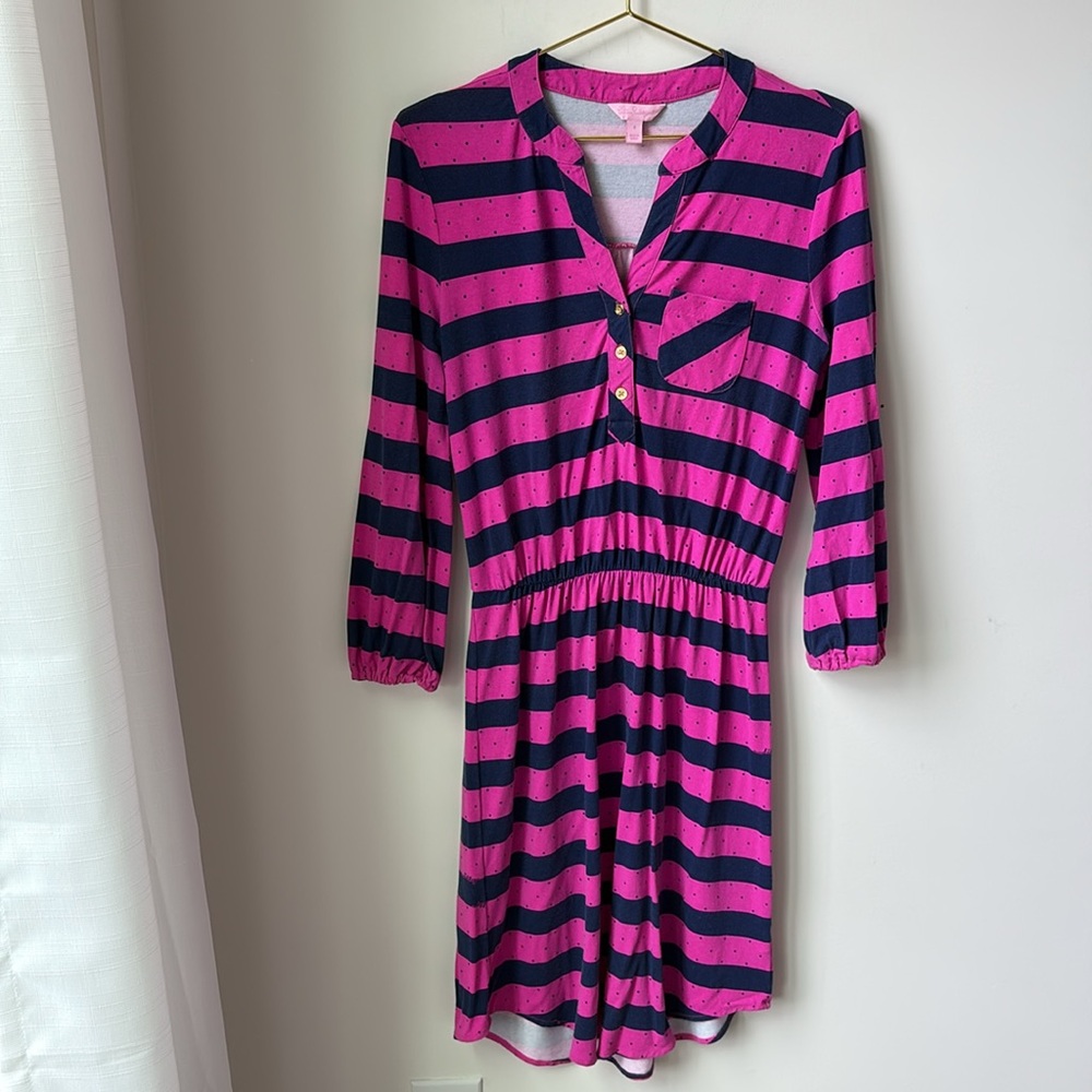 Lilly Pulitzer Beckett Dress in Mambo Pink Stripe Polka Dot Jersey Knit Size S